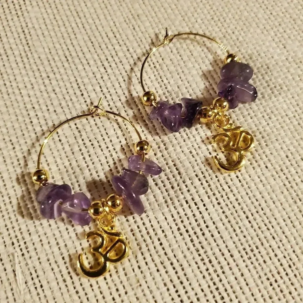 Gemstone Yoga Om Mantra Hoop Earrings 14K Gold Plated Amethyst